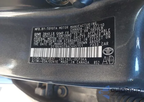 2010 Toyota Corolla S from USA, damaged, VIN 2T1BU4EE8AC445151